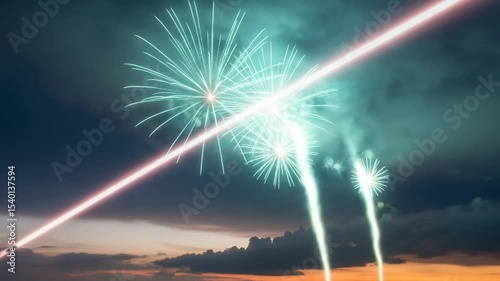 Colorful Fireworks Display Against Cloudy Sunset Sky with Bright Light and Explosions