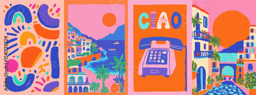 Summer vector set of european mediterranean summer scenes. Hand drawn style holiday backgrounds