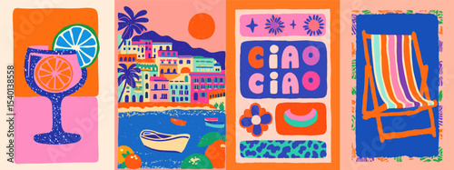 Summer vector set of european mediterranean summer scenes. Hand drawn style holiday backgrounds