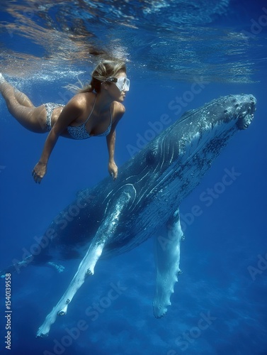Woman Swimming Underwater with a Majestic Humpback Whale in the Ocean