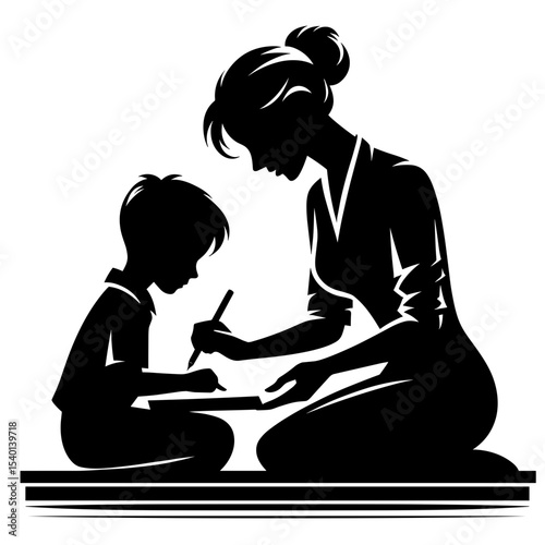 Female Teacher Helping Boy Write Silhouette Representing Care and Tutoring