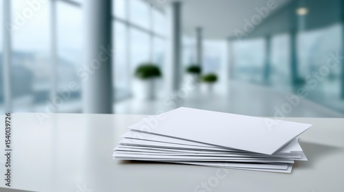 Stacks of blank paper on a table in a modern office environment
