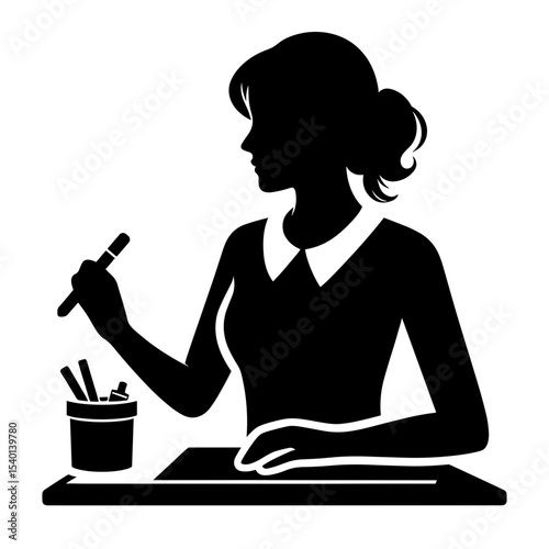 Female Teacher Sitting at Desk with Pen Silhouette Representing Thoughtful Preparation