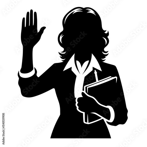 Female Teacher Raising Hand with Book Silhouette Representing Pledge and Responsibility