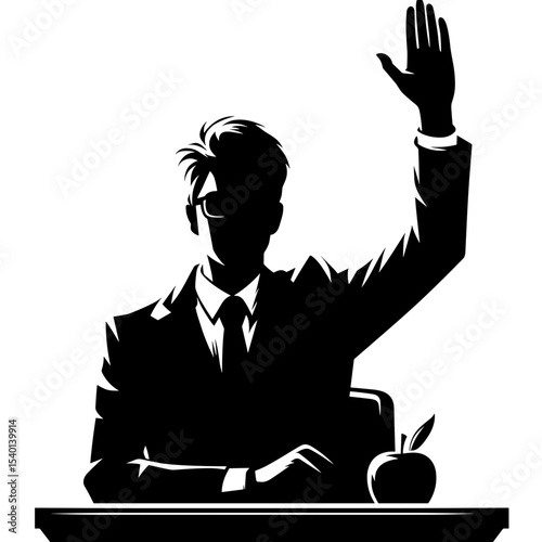 Male Student Raising Hand at Desk Silhouette Representing Participation and Eagerness to Learn