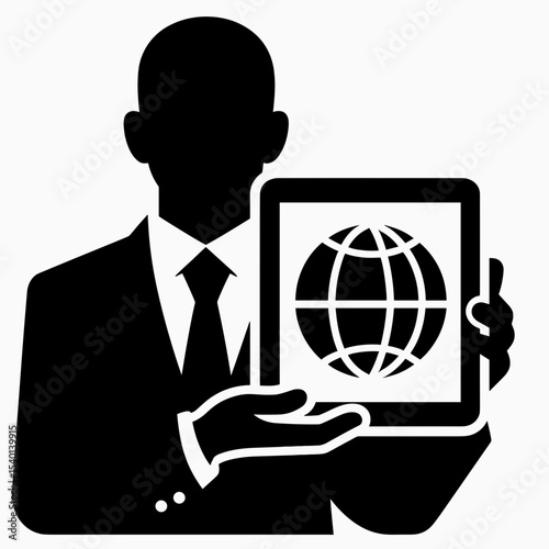Male Teacher Holding Tablet with Globe Icon Silhouette Representing Digital Global Education