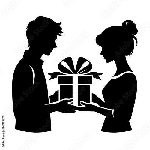 Male and Female Students Exchanging Gift Silhouette Representing Appreciation and Celebration