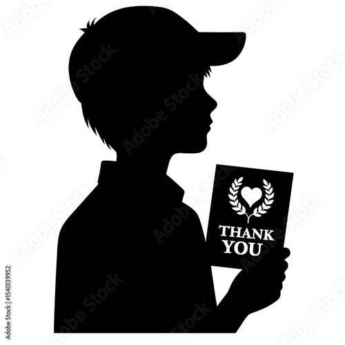 Male Student Holding Thank You Card Silhouette Representing Respect and Appreciation for Teachers