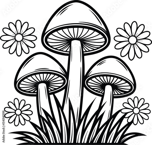 Three mushrooms with daisies in grass isolated on white background