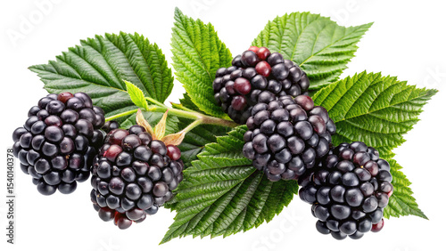 Close up shot of fresh blackberries with lush green leaves on white background