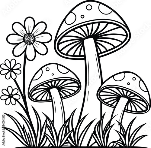 Three mushrooms and flowers line art isolated on white background