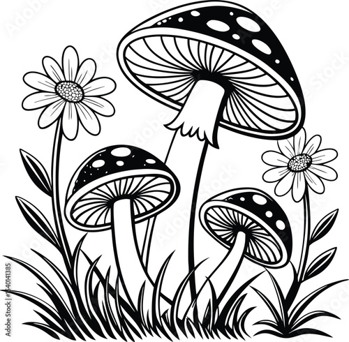 Three mushrooms and flowers in grass isolated on white background