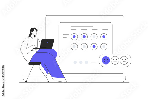Feedback and survey. Woman character give positive feedback, show quality rating and filing survey form. Customer satisfaction. Flat Cartoon Vector Illustration, icon. Stylish abstract design landing 