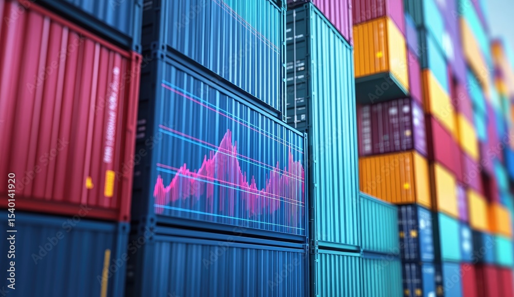 Fototapeta premium Stacked shipping containers, financial chart