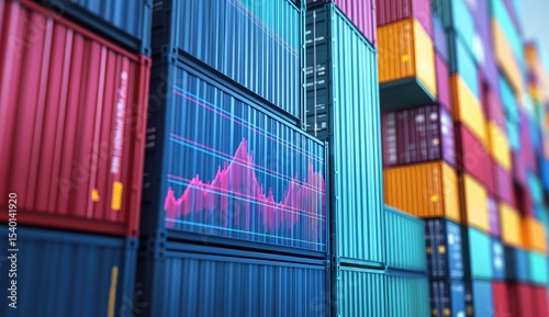Stacked shipping containers, financial chart