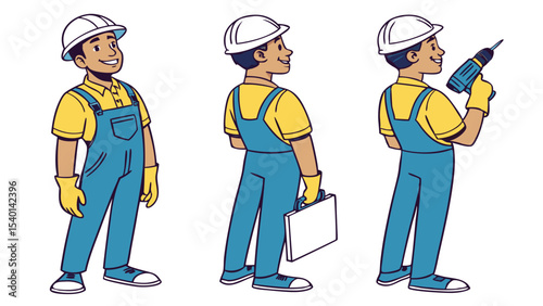 Smiling Male Construction Worker Character Sheet Three Views 1