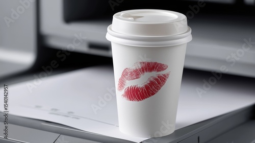 Coffee cup with lipstick mark near printer in modern office setting