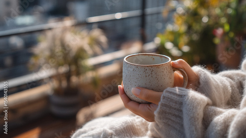 Gemütlicher Morgenmoment auf dem Balkon – warme Hände halten eine blaue Tasse Kaffee oder Tee in kuscheliger Kleidung mit Stadtblick und Pflanzen im Hintergrund