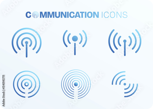 Set of Communication Icons Featuring Wireless Signals, Antennas, and Network Connectivity.
