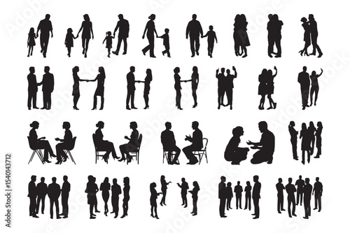 Social Interaction Silhouette Icon Set – People Talking, Hugging, Handshake, Family, Selfie, Group Communication