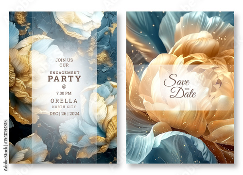 Wedding invitation template, business brochure template, luxury gold and blue floral art flyer design, universal background, versatile vector background, creative brochure template, party invitation