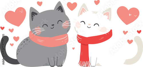 Two cute cats wearing scarves surrounded by hearts a gray cat with a pink scarf and a white cat with a red scarf vector illustration