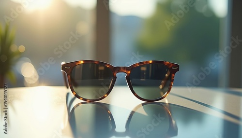 Brown tortoise shell sunglass on a reflective surface with bright sunlight and bokeh background. Summer vacation and eye protection concept for travel advertising.