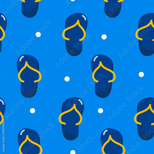 Seamless blue flip-flop pattern with dots. Vector seamless pattern of blue flip-flops with yellow straps and white dots on a bright blue background. Ideal for summer-themed designs.
