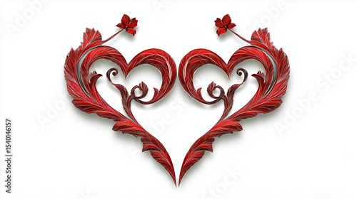Elegant red heart design with intricate feather and floral details, perfect for romantic occasions and celebrations