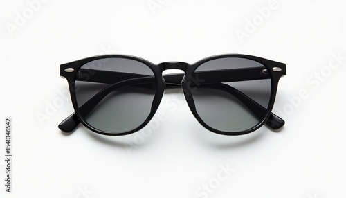 Black round frame sunglasses with dark lenses on a white background. Summer fashion accessory for sun protection and stylish outfit element. Studio shot, top view.