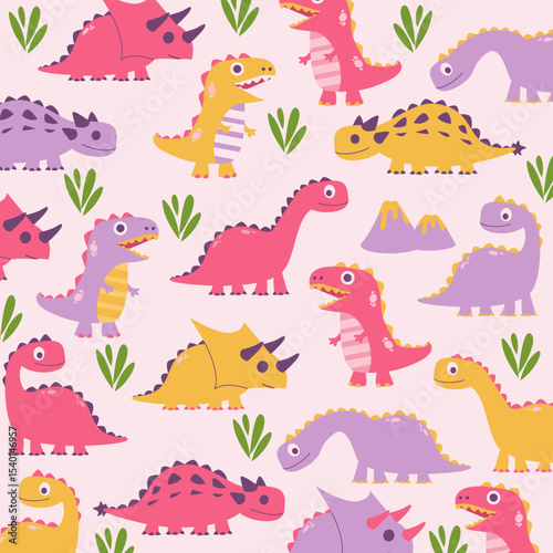 funny cute cartoon dinosaur seamless pattern illustration design for kids apparel