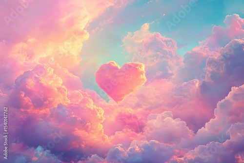 Heart-shaped cloud floats among vibrant colorful clouds at sunset creating a dreamy atmosphere in the sky