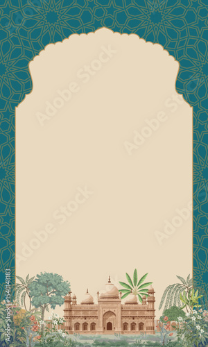 Mughal royal wedding illustration with arabesque frame, palace domes, arches, and lush garden landscape