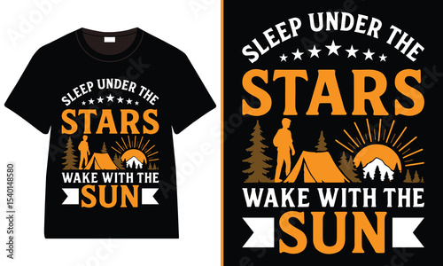 Sleep Under the Stars Wake With the Sun Camping T-Shirt Design, Adventure Camping Vintage T-Shirt, Tent, Campfire, Mountains, and Adventure Quote
