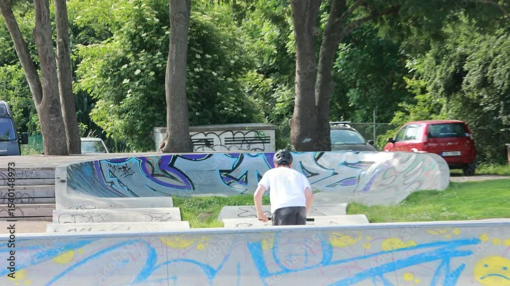 Teenage child on a freestyle scooter in skatepark, making different tricks, jumping and riding freestyle