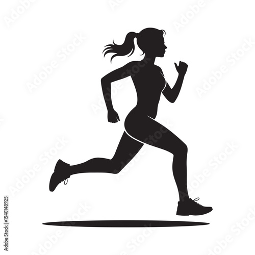 Female runner silhouette in sprint pose, athletic woman running illustration isolated on white background.
