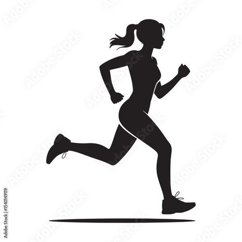 Female runner silhouette in sprint pose, athletic woman running illustration isolated on white background.