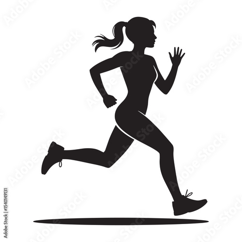 Female runner silhouette in sprint pose, athletic woman running illustration isolated on white background.