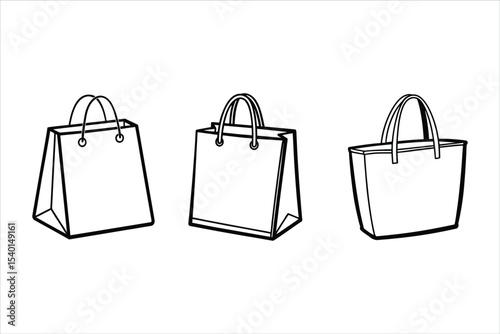 Three Black Line Drawings of Shopping Bags tote bag