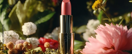 A captivating lipstick is elegantly showcased against a backdrop of colorful flowers, highlighting its luxurious finish and allure. The rich setting enhances the beauty of the product