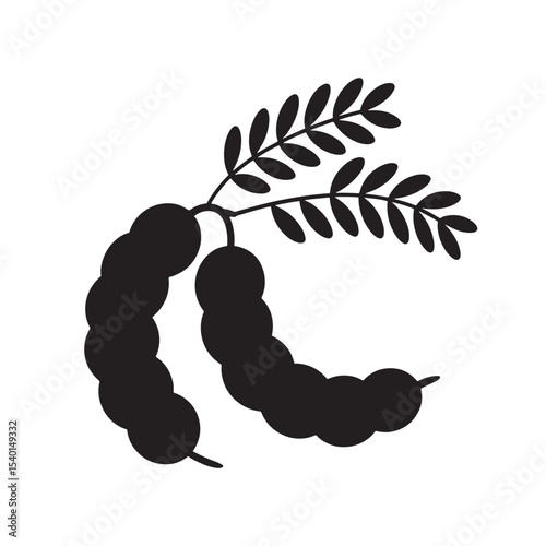 Tamarind fruit silhouette with leaves icon, tropical pod plant graphic isolated on white background.