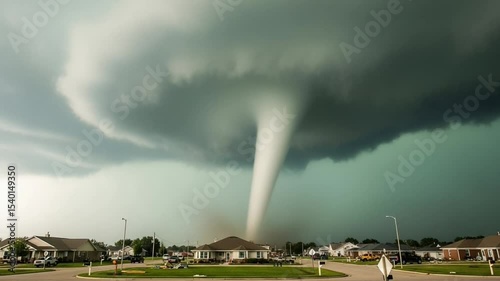 Large Tornado Descending Over Residential Neighborhood Under Dramatic Cloudy Sky During Stormy Weather