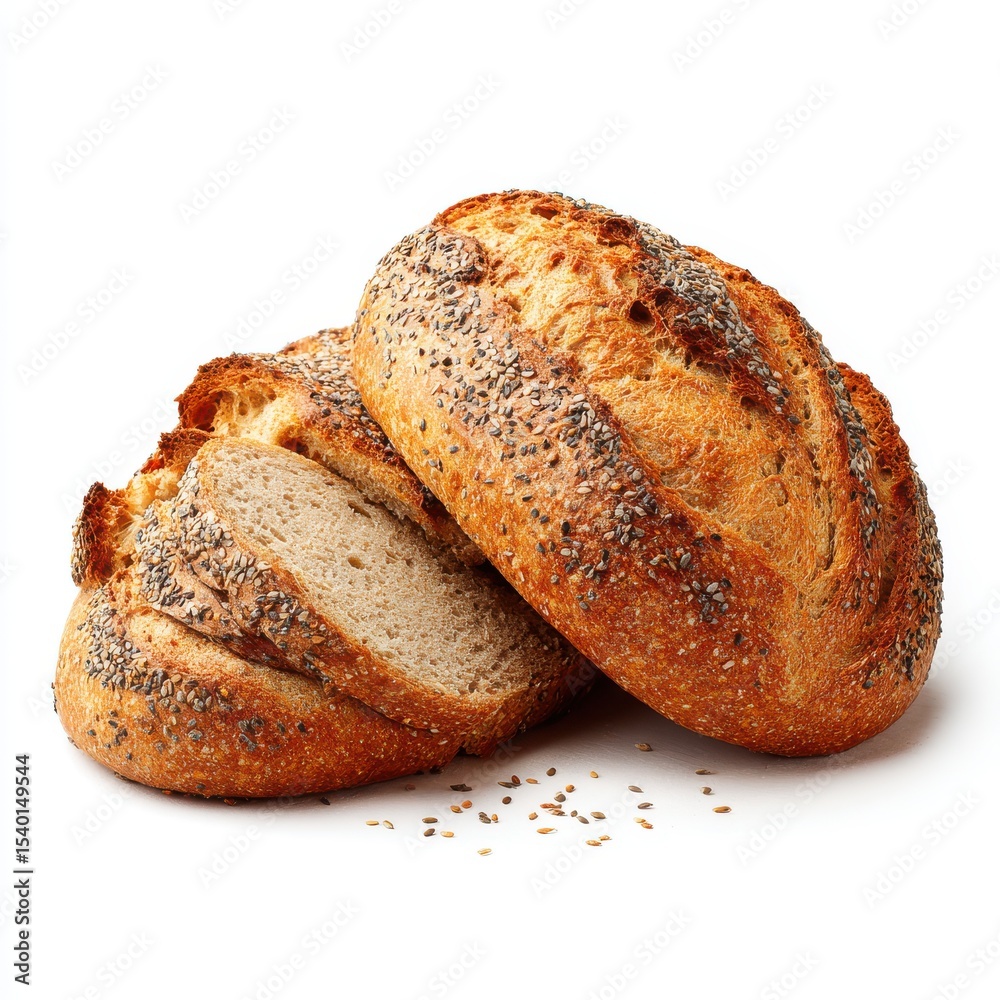 Golden Brown Crusty Artisan Bread with Poppy Seeds on White Background Golden Brown Crusty Artisan Bread with Poppy Seeds on White Background