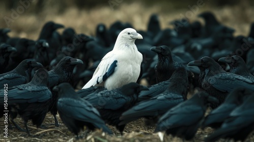 A striking white crow is surrounded by numerous black crows in an open field. The contrast highlights the uniqueness of the white bird amidst the dark flock under clear skies