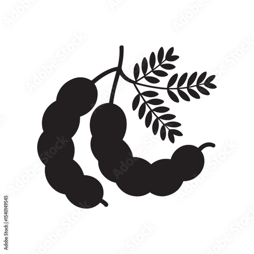 Tamarind fruit silhouette with leaves icon, tropical pod plant graphic isolated on white background.