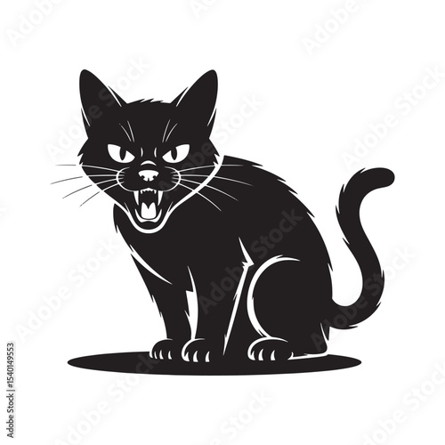 Angry black cat silhouette with sharp teeth hissing in defensive pose isolated on white background.