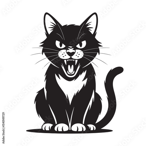 Angry black cat silhouette with sharp teeth hissing in defensive pose isolated on white background.