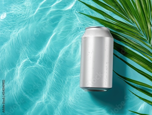 Floating white soda can in clear pool water reflecting sunlight with palm leaves nearby