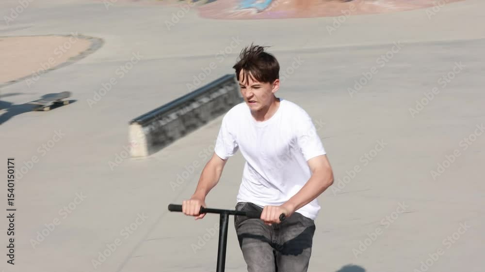 Teenage child on a freestyle scooter in skatepark, making different tricks, jumping and riding freestyle