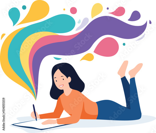 A young woman lying on the floor writing, with soft flowing abstract shapes (like colors or thoughts) rising from her pen. White background, flat style.